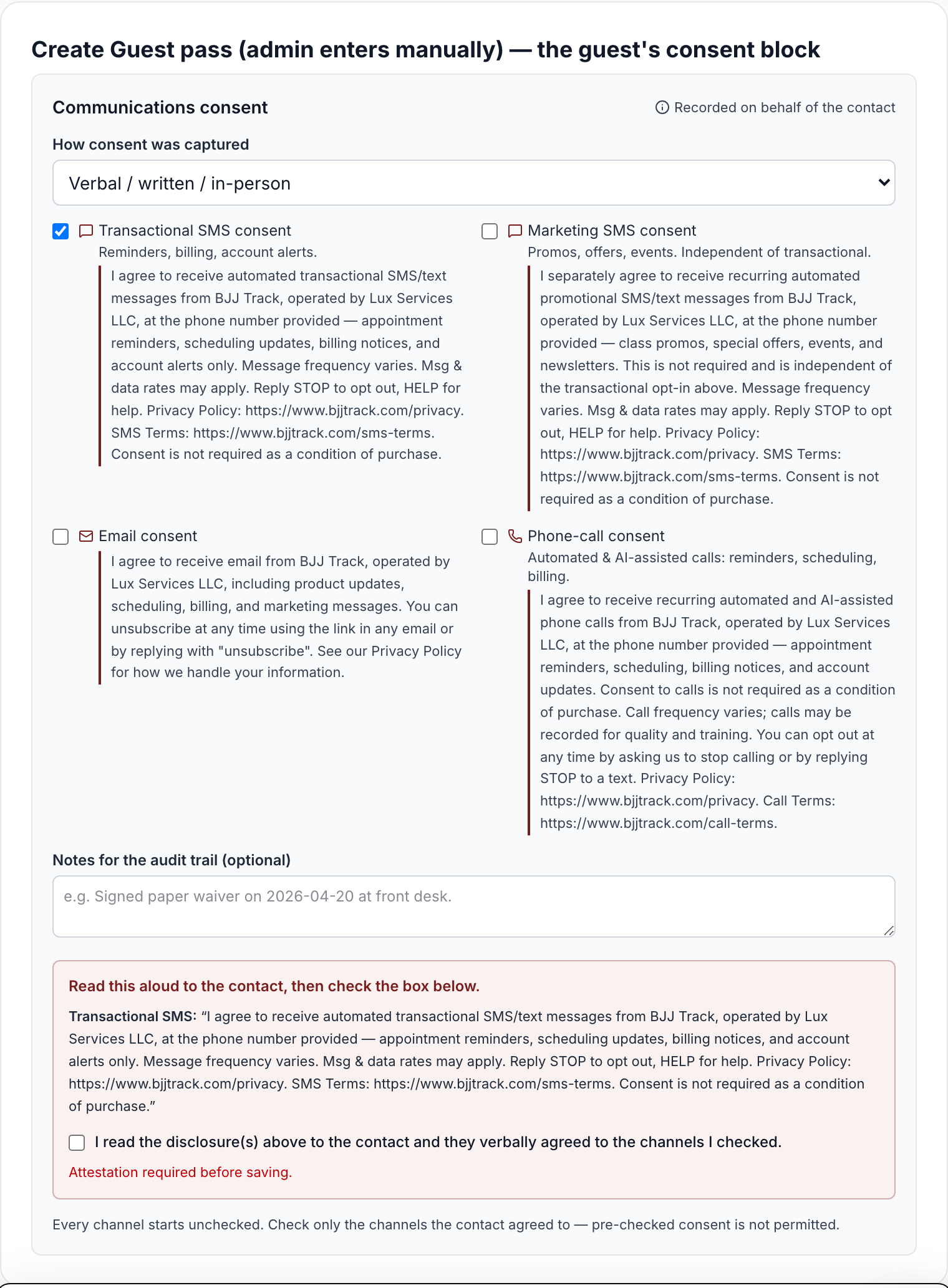 The Create Guest pass screen with the guest's consent capture block.