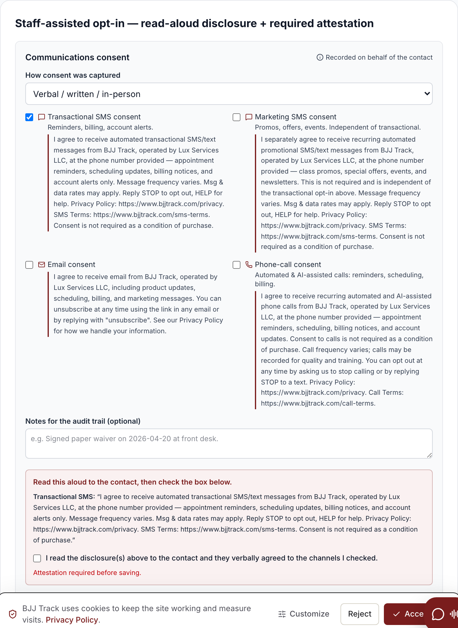 The staff-assisted consent capture screen: how consent was captured selector, the four channel checkboxes with disclosures, a read-aloud script, and a required attestation checkbox.