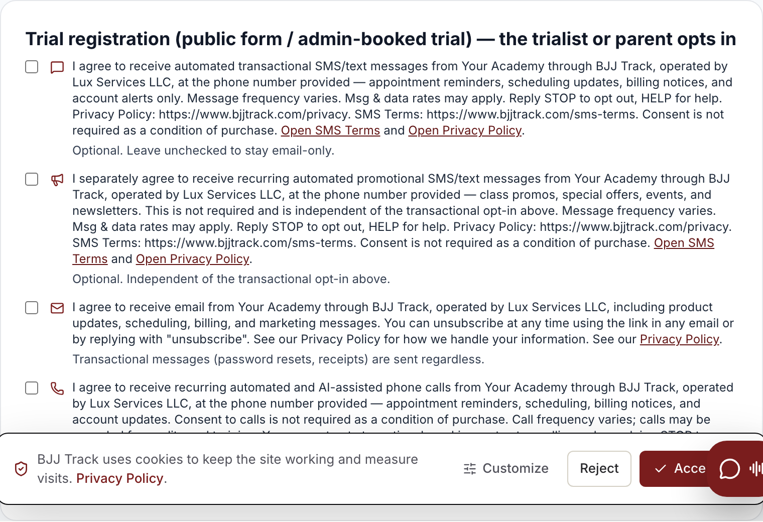 The trial registration consent block where the trialist or parent opts into SMS, email, and phone-call messaging.