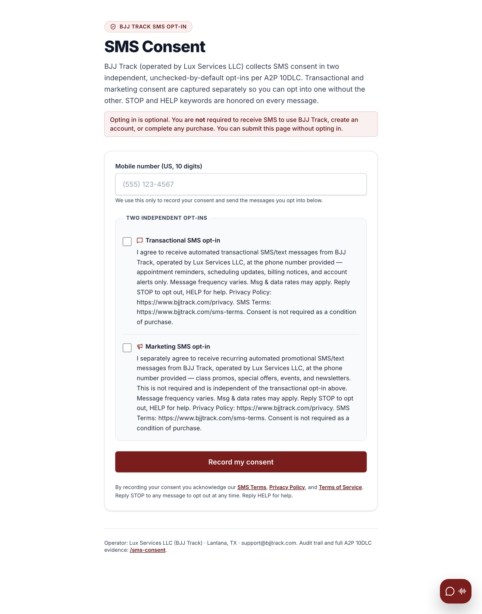 The public web-form consent block: unchecked checkboxes for transactional SMS, marketing SMS, email, and phone-call consent, each with its full verbatim disclosure.