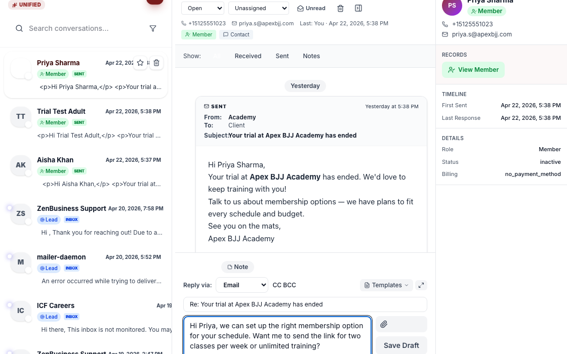 BJJ Track Omni Inbox showing real conversations, person context, and a reply draft