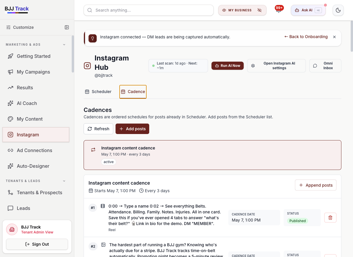 BJJ Track Instagram cadence — recurring content schedule with active posts, append posts, and remove-from-cadence controls