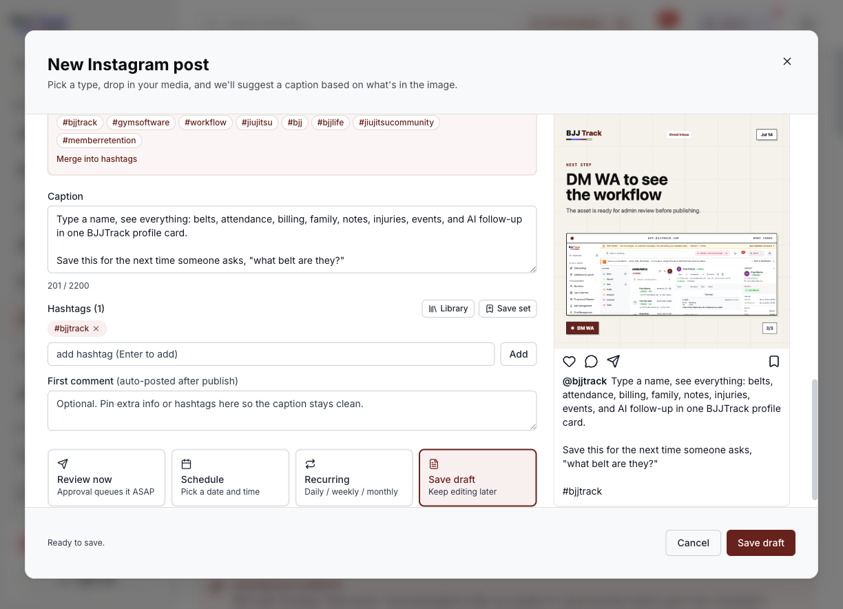 BJJ Track new post composer — pick Feed Image / Carousel / Reel / Story, drop media, AI suggests caption from the image