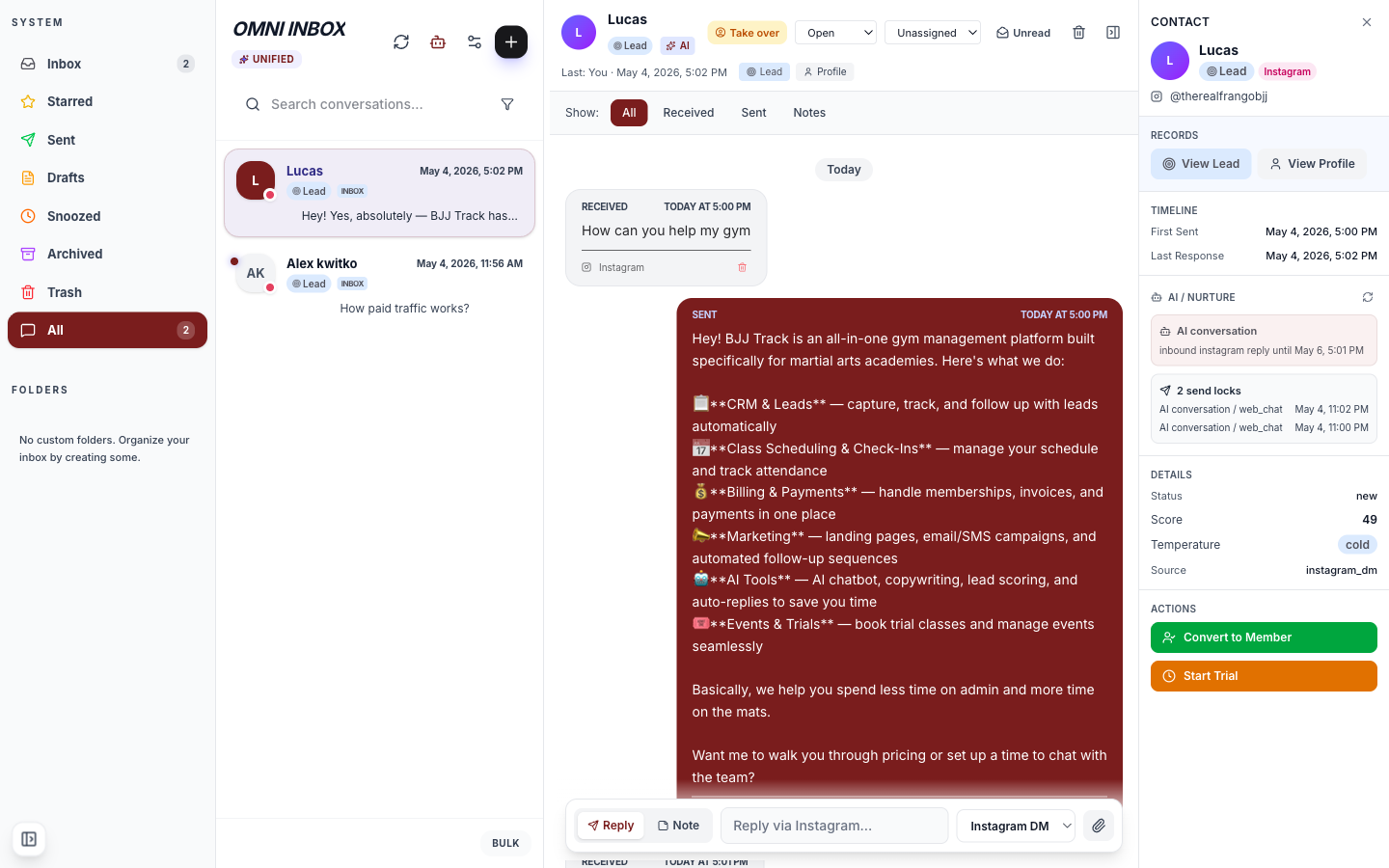 Real Instagram DM in the BJJ Track Omni Inbox — prospect asks 'How can you help my gym', AI replies with full pricing pitch, lead record shows score, temperature, source instagram_dm, Convert to Member and Start Trial buttons