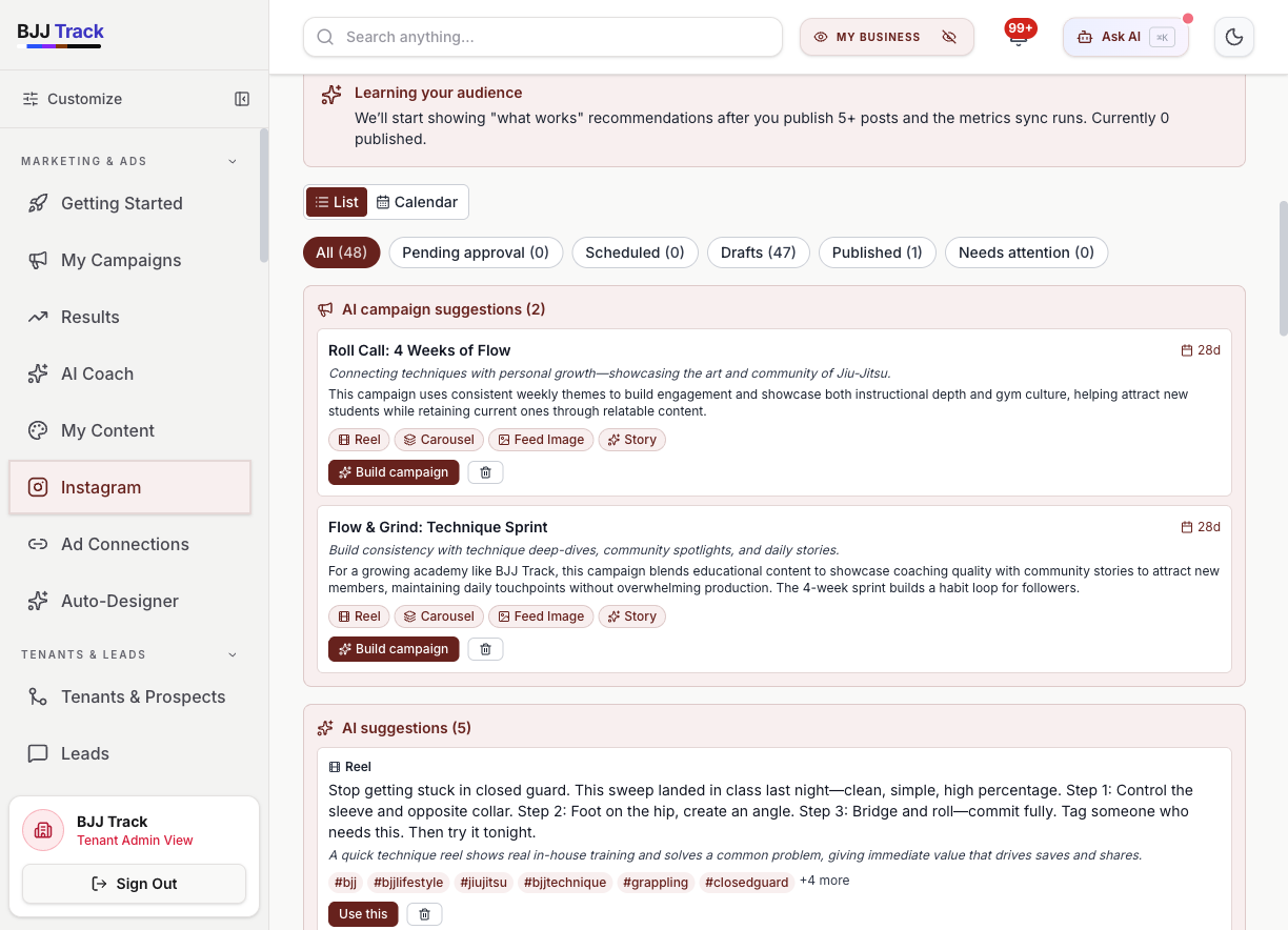 BJJ Track Instagram posts queue — AI campaign suggestions, AI suggestions for individual posts with hashtags, scheduled feed images, reels, and carousels