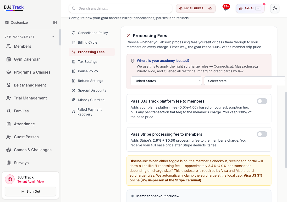 BJJ Track Settings → Billing → Processing Fees screen showing the academy-location selector, the two passthrough toggles, the explicit Connecticut/Massachusetts/Puerto Rico/Quebec restriction note, and the credit card surcharge cap disclosure